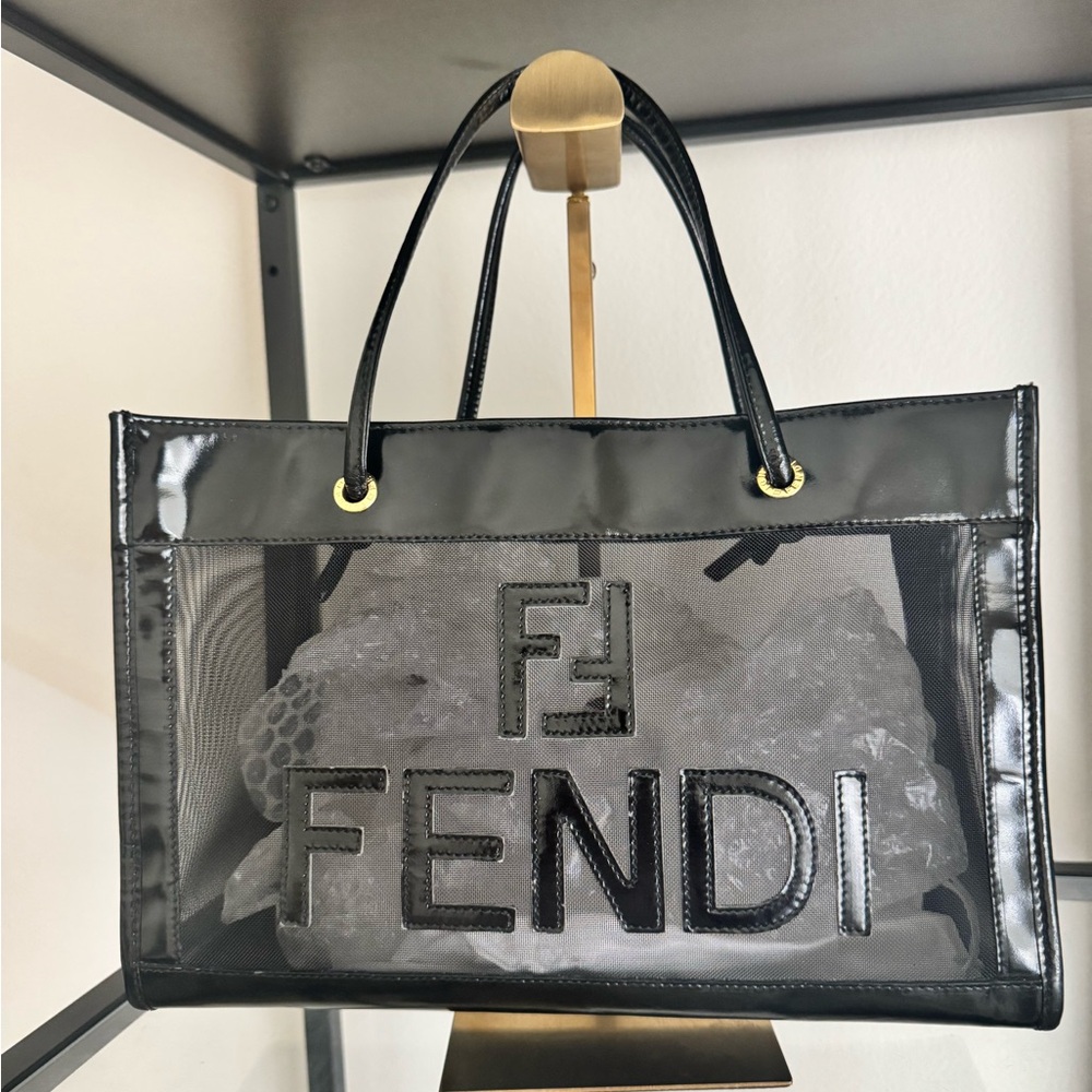 Fendi Black Tote Bag with mesh Transparent Design and Bold Logo